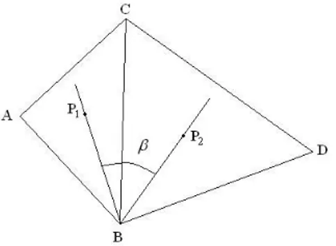 Figure 3.6: Incenters (P 1 and P 2) of two adjacent triangles.