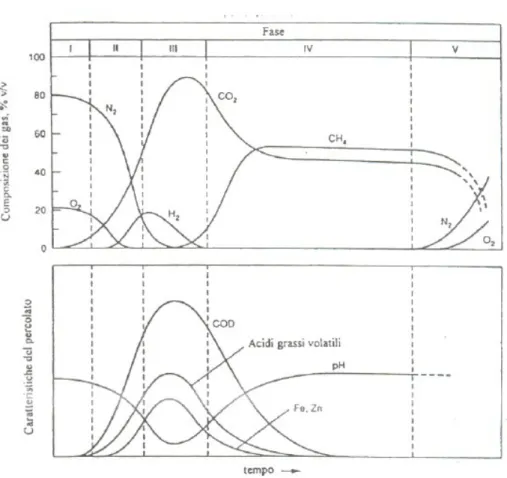 Figura   3.2:  Parametri   che   caratterizzano   il   biogas   e   il   percolato   nelle   varie   fasi   del   processo   di  degradazione