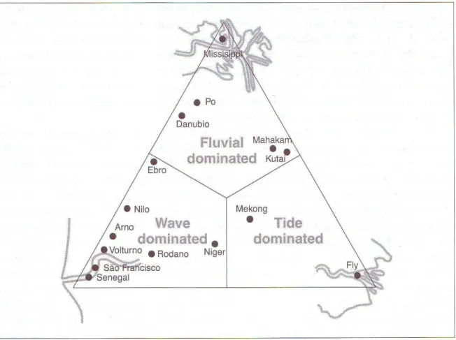Fig.  5.6  –  Diagramma  triangolare  della  classificazione  dei  delta  di  Galloway,  nel  grafico  sono citati esempi classificativi delle foci di alcuni fiumi nel mondo (Pranzini, 2004)