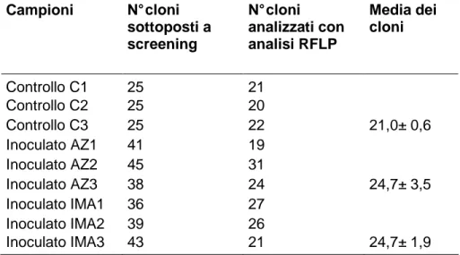 Tabella 3. Numero di cloni sottoposti a screening e analizzati tramite RFLPs  della  porzione  di  SSU  amplificata  dai  primers  NS31/AM1