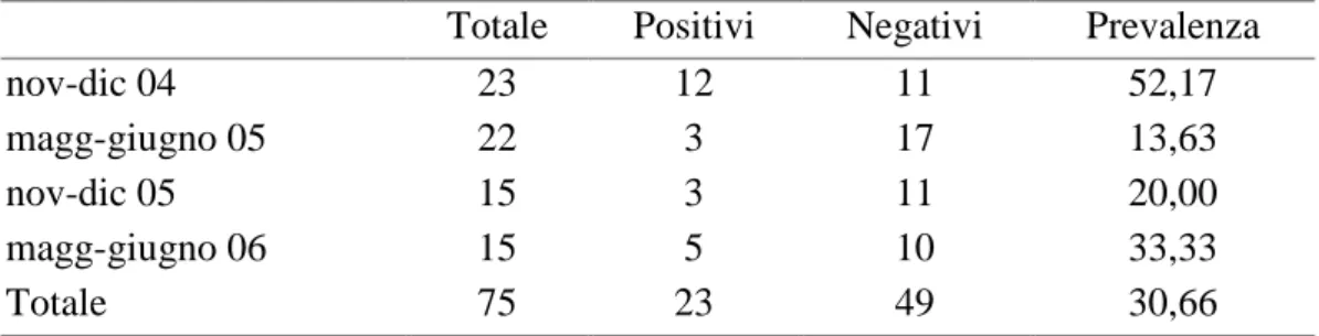 Tabella  4.3:  Risultati  dell’analisi  coprologica  e  delle  prevalenze  per  ciascun  periodo  