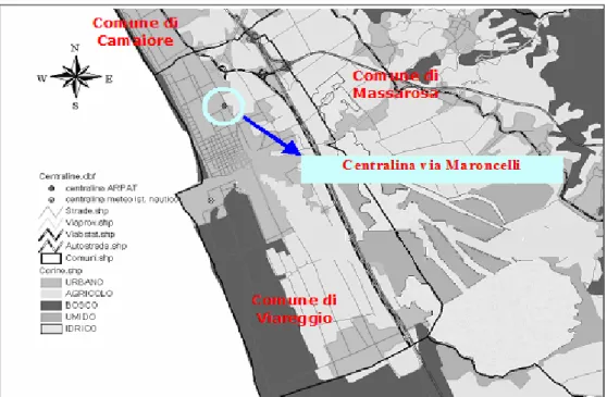 Fig. 6.4.2_Vista del comune di Viareggio: in blu è cerchiata la centralina automatica QA