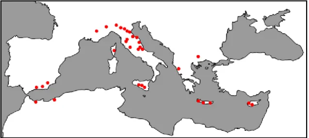 Figura xx: I principali affioramenti di “Lago-Mare” nel Mediterraneo (da, Gliozzi et al