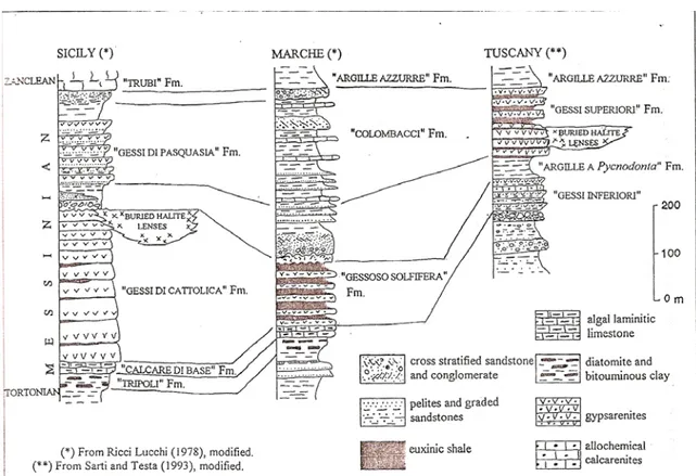 Figura xx: Colonna stratigrafica schematica delle correlazioni tra le unità evaporitiche messiniane della  Sicilia,