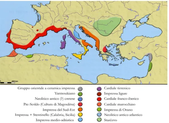 Fig. 1. Gruppi del Neolitico antico mediterraneo a ceramica impressa (modificato da G UILAINE