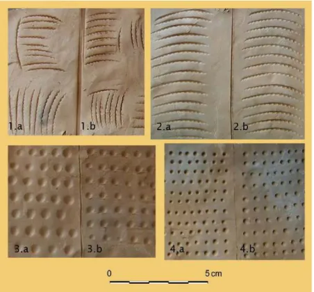 Fig. 33: Alcuni esempi dei motivi riprodotti (1-2 a,b: linee dentellate;  3-4 a,b: punti impressi).