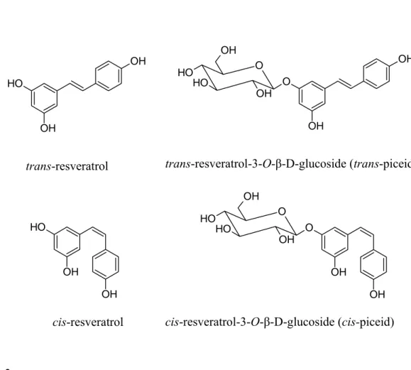 Fig. 2.  Structural formulas of resveratrol. OHOHOHtrans-resveratroloOHOHOHcis-resveratrolo O OOHOHOH OH OHOH cis-resveratrolo-3-O-glucoside (cis-piceide)OH OHOOOHOHOHOH trans-resveratrolo-3-O-glucoside (trans-piceide) trans-resveratrol-3-O-β-D-glucoside (
