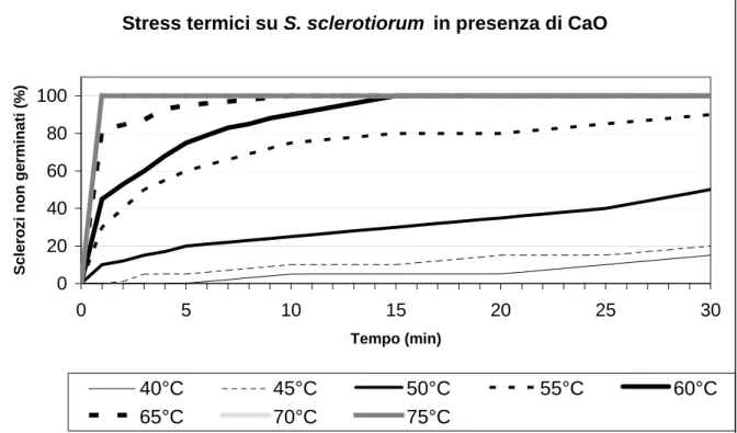 Fig. 3. Germinazione degli sclerozi di S. sclerotiorum sottoposti a stress termici in diverse combinazioni 