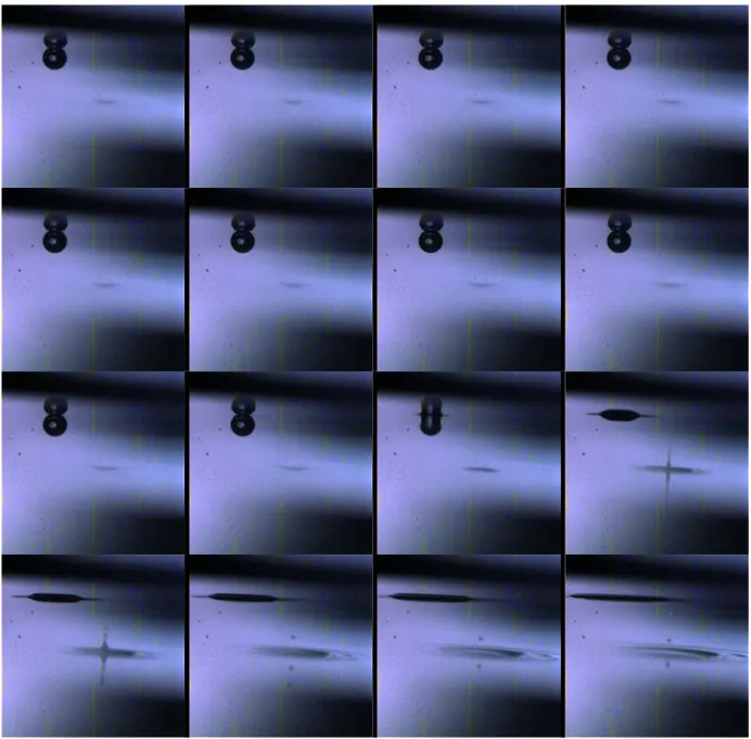Fig. 5.5. Fotogrammi estratti dal file 2230103505, relativi alla prova in acqua,con diametro  dell’ugello pari a 0,3mm, distanza dalla superficie libera 15mm e portata di 0,5 Volt (5,4mm 3 /s)
