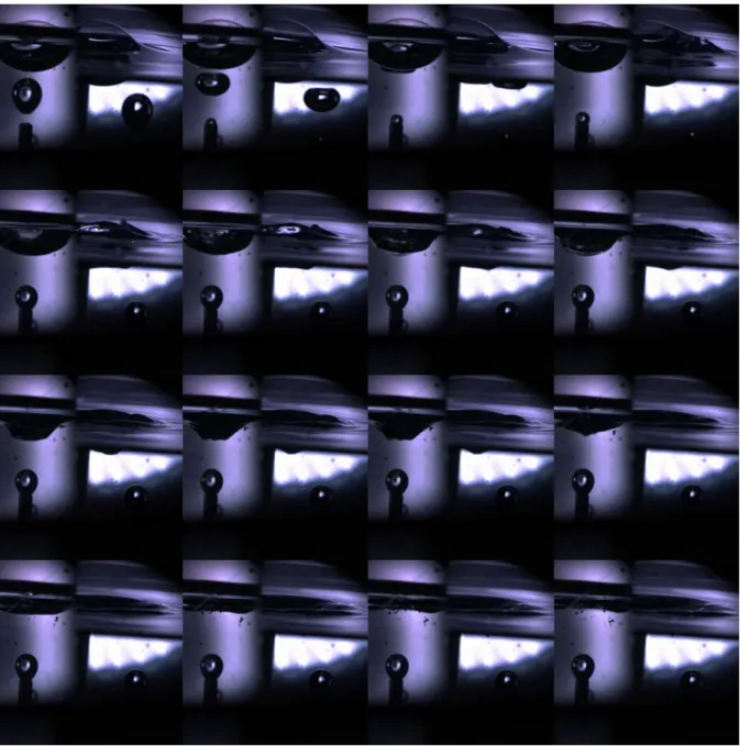 Fig. 5.9. – Fotogrammi estratti dal file 2290110615, relativi alla prova in acqua,con diametro  dell’ugello pari a 1mm, distanza dalla superficie libera 6mm e portata di 1,5 Volt (85,9mm 3 /s)