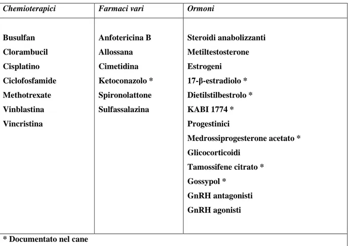 Tabella n.1: Farmaci e ormoni esogeni potenzialmente coinvolti nel determinismo  dell’infertilità nell’uomo e, forse, nel cane  (Feldmann e Nelson, 1996) 