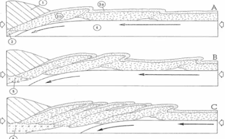 Fig.  5:  Schema  di  subduzione  ensialica.  1-Margine  continentale  normale;  2-Crosta  oceanica;  3- 3-Margine  continentale  assottigliato  (a:  copertura,  b:  zoccolo  cristallino);  4-Mantello  litosferico;   5-Granito sincinematico