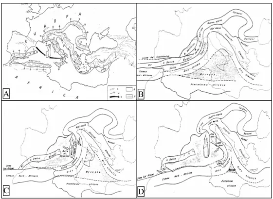 Fig.  4:  Evoluzione  dell’orogenesi  alpina  e  appenninica.  A)  1-Principali  assi  delle  pieghe,  2- 2-Vergenze, 3-Direzione e senso di rotazione del blocco sardo-corso e dei sovrascorrimenti alpini,  4-Mare, 5-Terra; B) Situazione dopo lo stiramento 