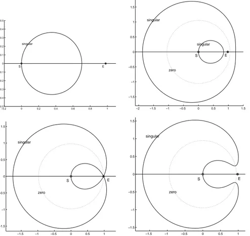 Figura 1.8: Curva singolare. In alto a sinistra γ = −0.5, in alto a destra γ = 0.8, in basso a sinistra γ = 1 e in basso a destra γ = 1.5