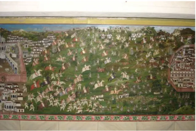Figura 2: scena di battaglia tra i Bh l e le truppe del mah r wal di D garpur, in un affresco nel palazzo  vecchio, eseguito verso la fine degli anni Dieci del Novecento
