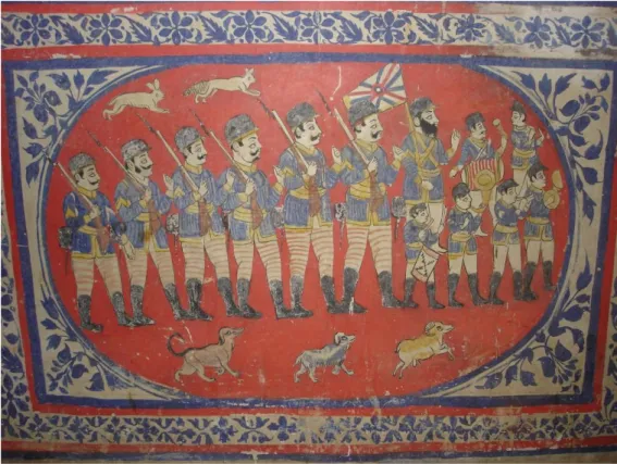 Figura  7:  affresco  nel  palazzo  dei  bh miy  di  Jaw s  raffigurante  il  Mewar  Bhil  Corps  in  marcia