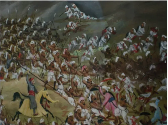 Figura 9: particolare di un dipinto a olio conservato nel City Palace Museum di Udaipur e raffigurante la  battaglia  di  Hald  Gh  (1576)