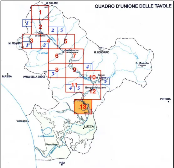 Fig. 2.2 – Quadro di unione delle tavole 1:10000 della franosità del bacino del F. Serchio