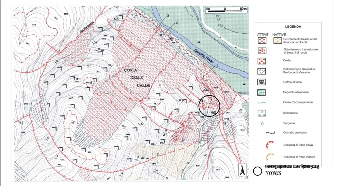 Figura 3.5: Stralcio della Carta geomorfologia (D’Amato Avanzi e Marchetti, 2003). 