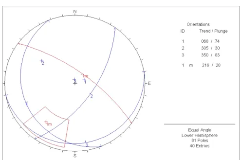 Figura 5.8: Esempio di Major Pole Plot. In legenda: Trend/Plunge rappresenta il formato  dell’orientazione globale; 1:elenco dei piani; 1 m: piano medio della Set windows