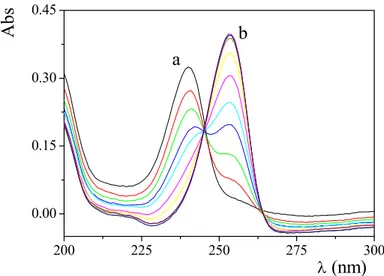 Figure 4.7 Absorption spectra of 8-HQ in SDS at different pH, C HQ  = 1x10 -5  M, C Na2HPO4a  = 1×10 -2  M, SDS 0.02 M, T = 25°C