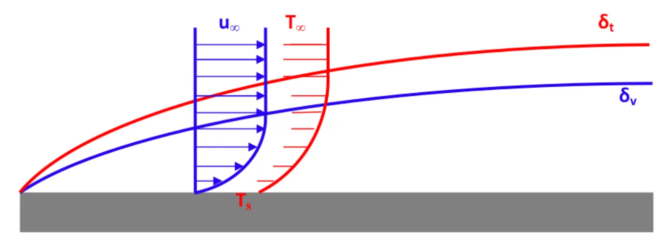 Figura 3.2 – Spessore degli strati limite di velocità e temperatura per fluidi aventi Pr&lt;1 