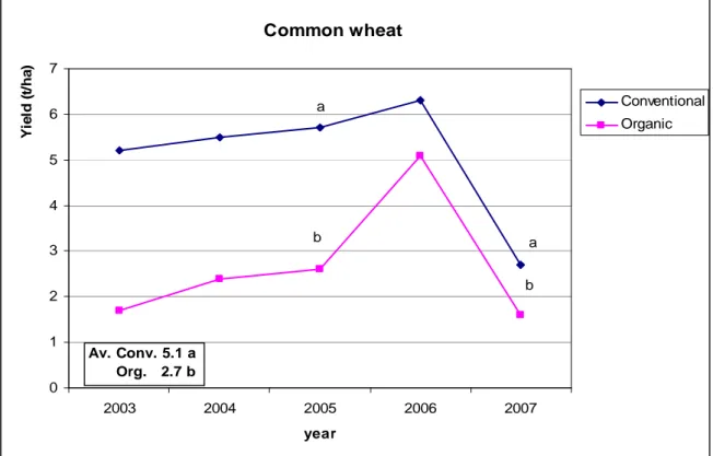 Graphic 7: Organic and conventional common wheat yields 2002-2007. 