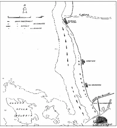 Fig. 3.7 Drift prossimale e distale tra Bocca d’Arno e Livorno  (Aiello et alii, 1975) 