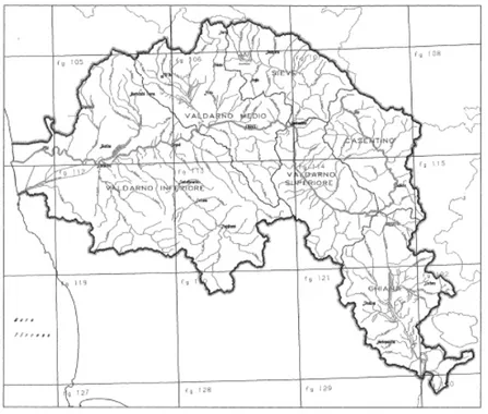 Fig. 3.9 Bacino idrografico del fiume Arno (da Autorità di Bacino del  fiume Arno, Quaderno n°1, 1993) 