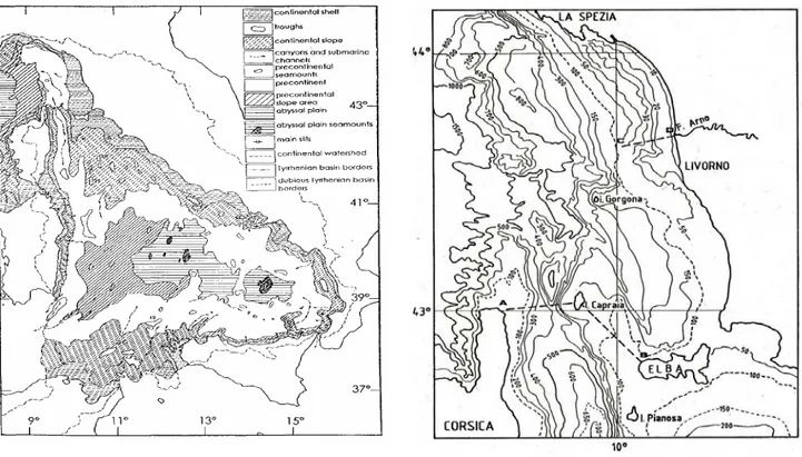 Fig. 3.2 a) Caratteristiche morfobatimetriche del Mar tirreno (da Della Croce 2000; b)  Batimetria del Tirreno settentrionale (da Astraldi et alii, 1993) 