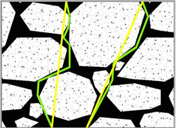 Fig. 2.2: percorso effettuato da un’onda sonora incidente all’interno dei pori di una pavimentazione (riga  verde)