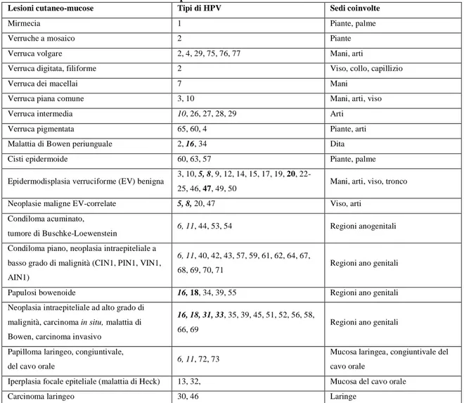 Tabella 1: Lesioni cutaneo-mucose e tipi di HPV ad esse correlati 