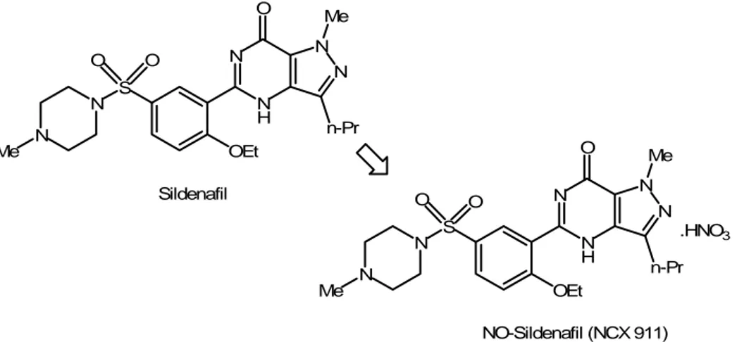 Figure 9.  Structures of sildenafil and its nitrate salt derivative, a well-representative example of  effective NO-releasing hybrid, based on a simple chemical manipulation