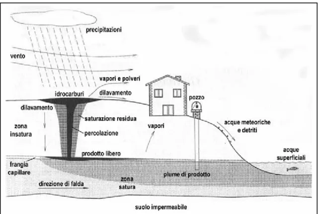 Figura 1.1 Rappresentazione schematica delle principali vie di migrazione   di un prodotto petrolifero rilasciato dal suolo (da Grillo, 2001)
