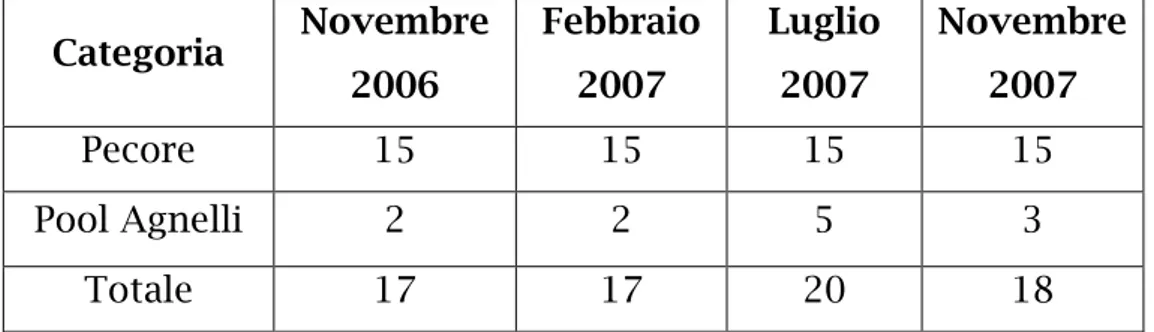 Tabella  5.3.  Numero  di  campioni  esaminati  per  le  diverse  categorie  ripartite  per  ogni  campionamento  eseguito  nel  periodo  compreso  tra  Novembre 2006 e Novembre 2007  Categoria  Novembre  2006  Febbraio 2007  Luglio 2007  Novembre 2007  Pe