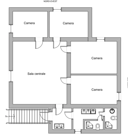 Figura 5 : Casale B, piano primo.  Su Sala centraleCamera Camera Camera CameraSUD-OVEST NORD-EST SUD-ESTNORD-OVEST