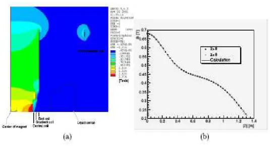 Figura 1.21: (a) Plot del campo magnetico prodotto dal magnete COBRA. (b) Campo magnetico lungo gli assi del magnete misurati con una bobina di 200 A di corrente.