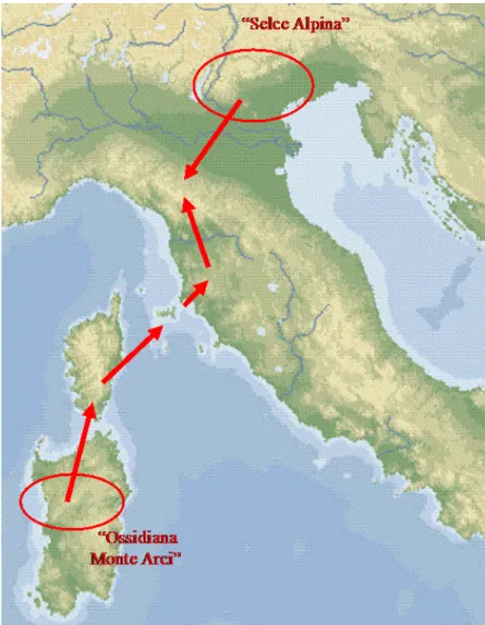 Fig. 30 – Aree di provenienza delle selci extra-regionali (oltre 100 Km dal sito di ritrovamento)