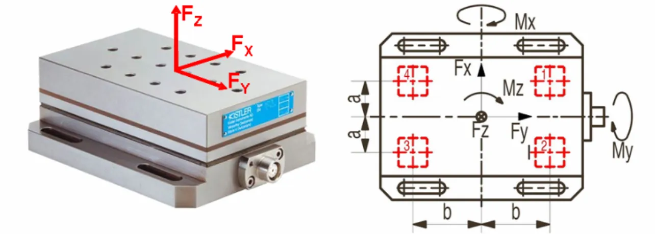 Fig. 3.4  – Piattaforma dinamometrica Kistler e grandezze rilevate 