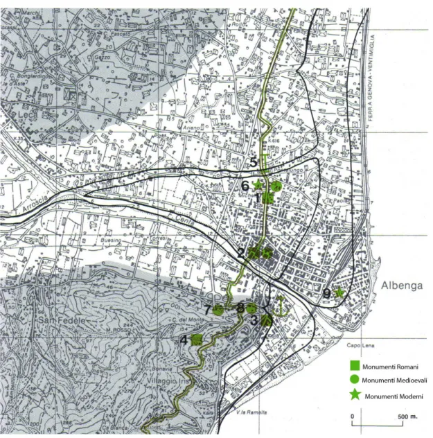 Figura 6 Evoluzione della linea di costa di Albenga dall’età romana all’età moderna. Tratto da VARALDO 1996 
