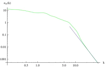 Figura 2.10: Distribuzione dei momenti per N = 13. Possiamo notare l’andamento k −4 per grandi momenti o piccole distanze evidenziato dalla retta scura.