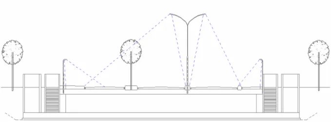 Figura 6.3 – In alto il filare di illuminazione in posizione centrale e i  sostegni laterali per l’illuminazione delle due piste ciclo pedonali, con  indicati i fasci di luce ( linee tratteggiate )