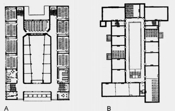 Figura 2 - A: scuola di Celle (Germania);   B: Trhee Decker School di Liverpool 