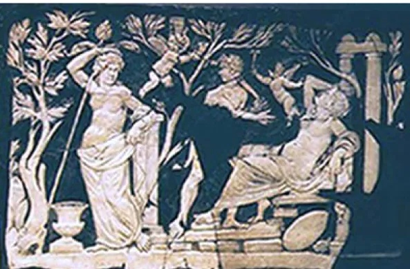 Fig. 18 Scoperta di Arianna dormiente a Nasso, pannello in vetro cammeo dalla Villa di  Fabio Rufo (Pompei), fine I sec