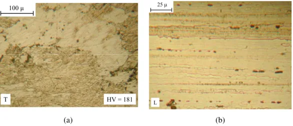 Figure 2.1: Micrographies of the Aluminum structure. Specimen is extracted from ADP: (a) section Transversal to the extrusion direction