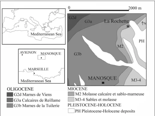 Fig. 5: Geologic map of Manosque. The black star indicates the site where MPNRL- MPNRL-MAN2000 was collected (modified from SIG service of Parc Naturel Régional du  Luberon)