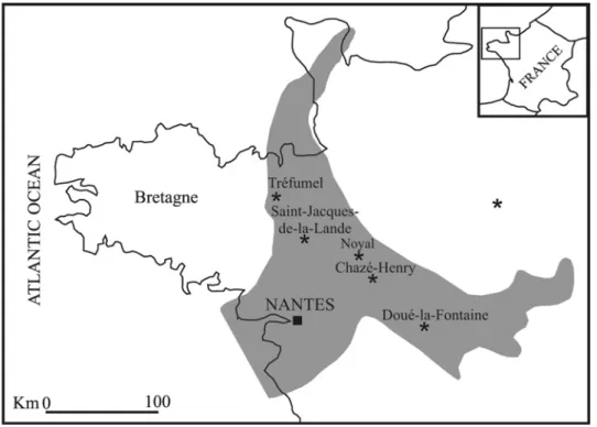 Fig. 6: Schematic map of the western France. The grey area representes the “Mer des  Faluns” during the Miocene