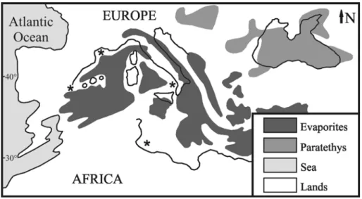 Fig. 7: Schematic map of Mediterranean Basin during the Messinian Salinity Crisis. The  black stars indicate the peri-messinian Metaxytherium serresii record (modified from  Jolivet et al., 2006)