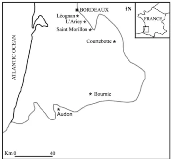 Fig. 2: Schematic map of the Aquitaine Basin. The black star indicate the main  localities where the sirenian specimens were collected