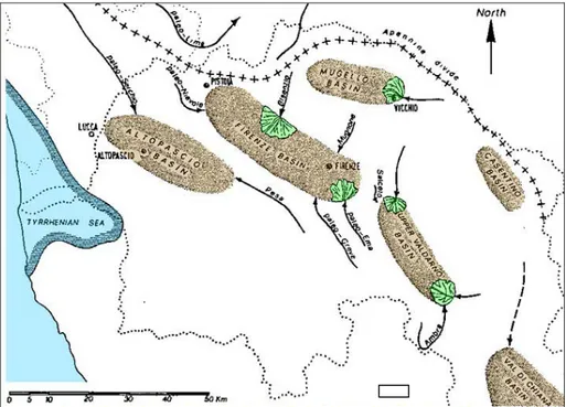 Figura 3.6: Drenaggio nel bacino dell’Arno (Villafranchiano superiore); 
